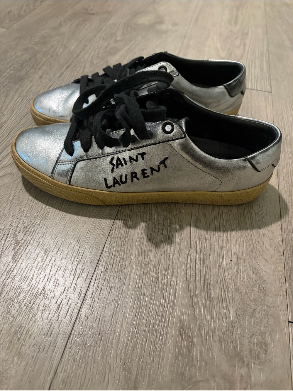 Saint Laurent Silver Low-Top Sneakers with Black Laces and Yellow Sole